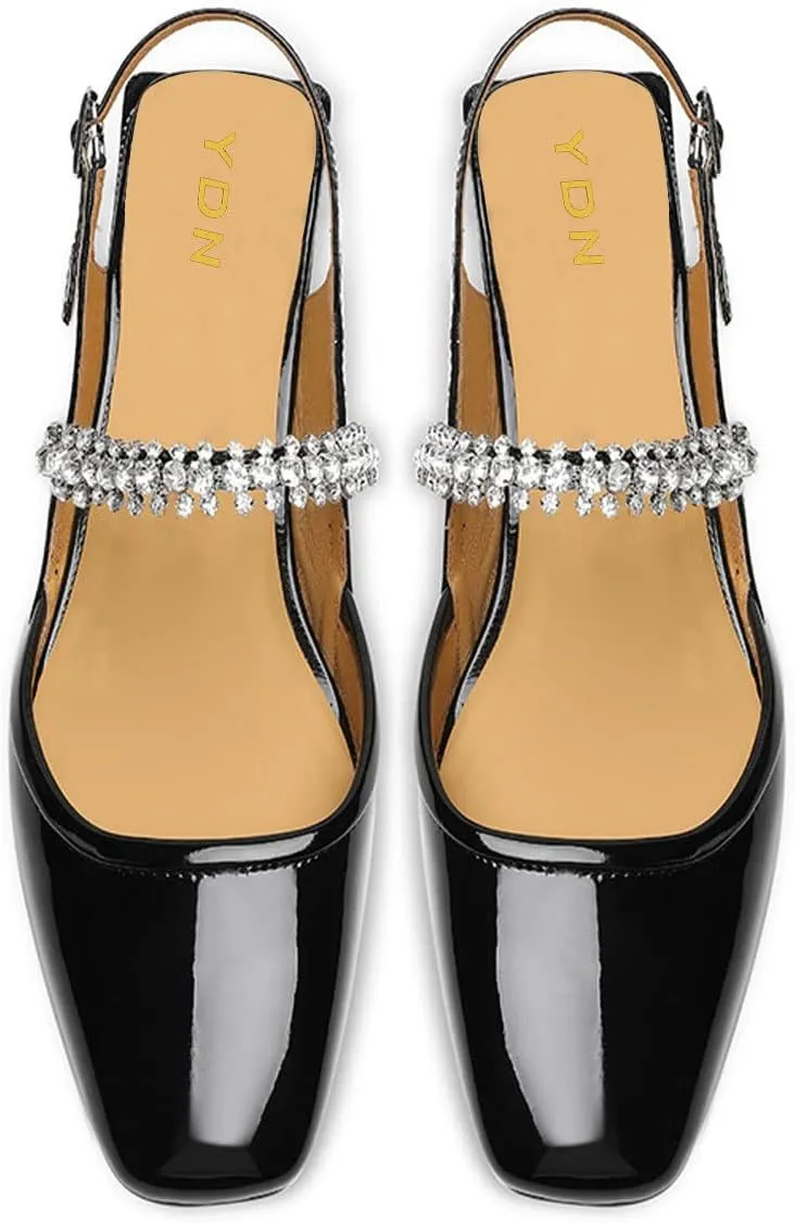 YDN Women Square Toe Rhinestone Sandals Block Low Heel Slingbacks Heeled Mary Janes Dressy Fashion Shoes Size 4-15 US