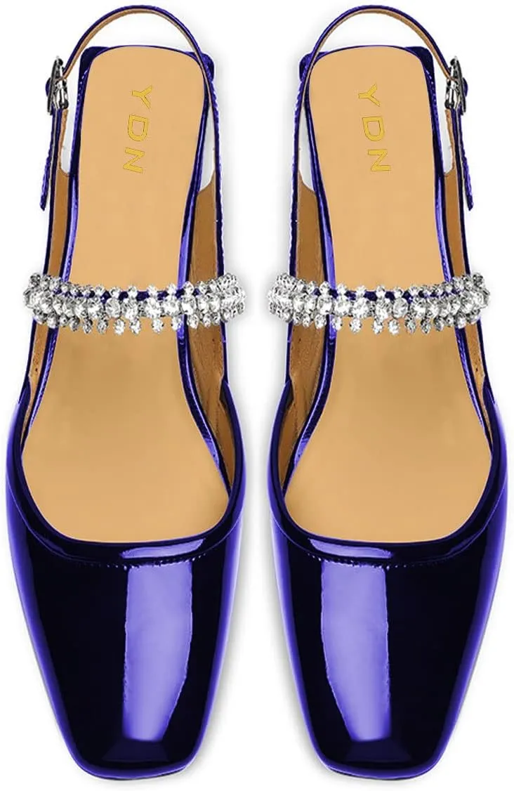 YDN Women Square Toe Rhinestone Sandals Block Low Heel Slingbacks Heeled Mary Janes Dressy Fashion Shoes Size 4-15 US