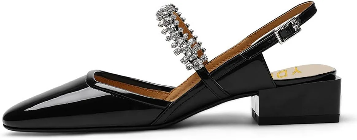YDN Women Square Toe Rhinestone Sandals Block Low Heel Slingbacks Heeled Mary Janes Dressy Fashion Shoes Size 4-15 US
