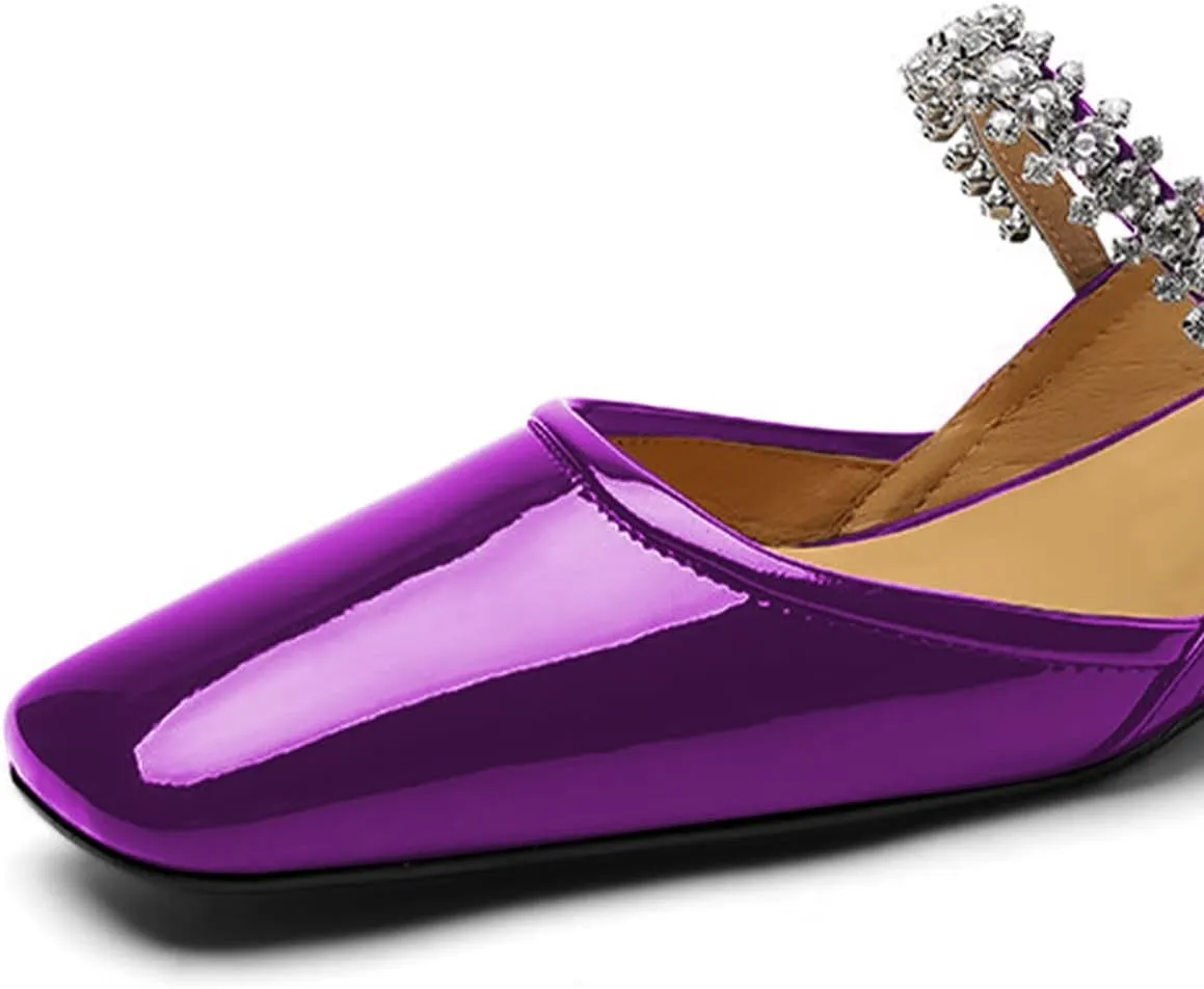 YDN Women Square Toe Rhinestone Sandals Block Low Heel Slingbacks Heeled Mary Janes Dressy Fashion Shoes Size 4-15 US