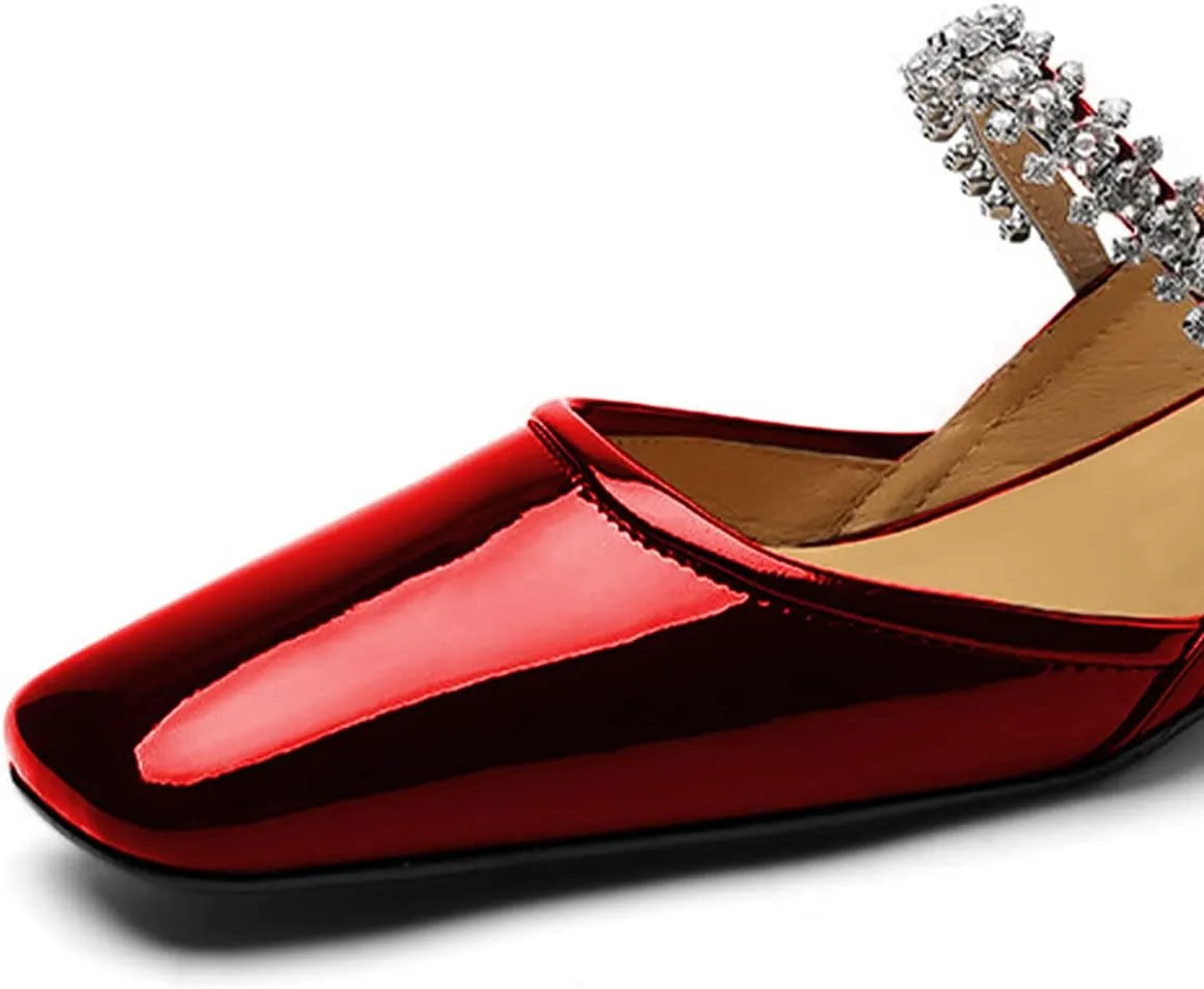 YDN Women Square Toe Rhinestone Sandals Block Low Heel Slingbacks Heeled Mary Janes Dressy Fashion Shoes Size 4-15 US