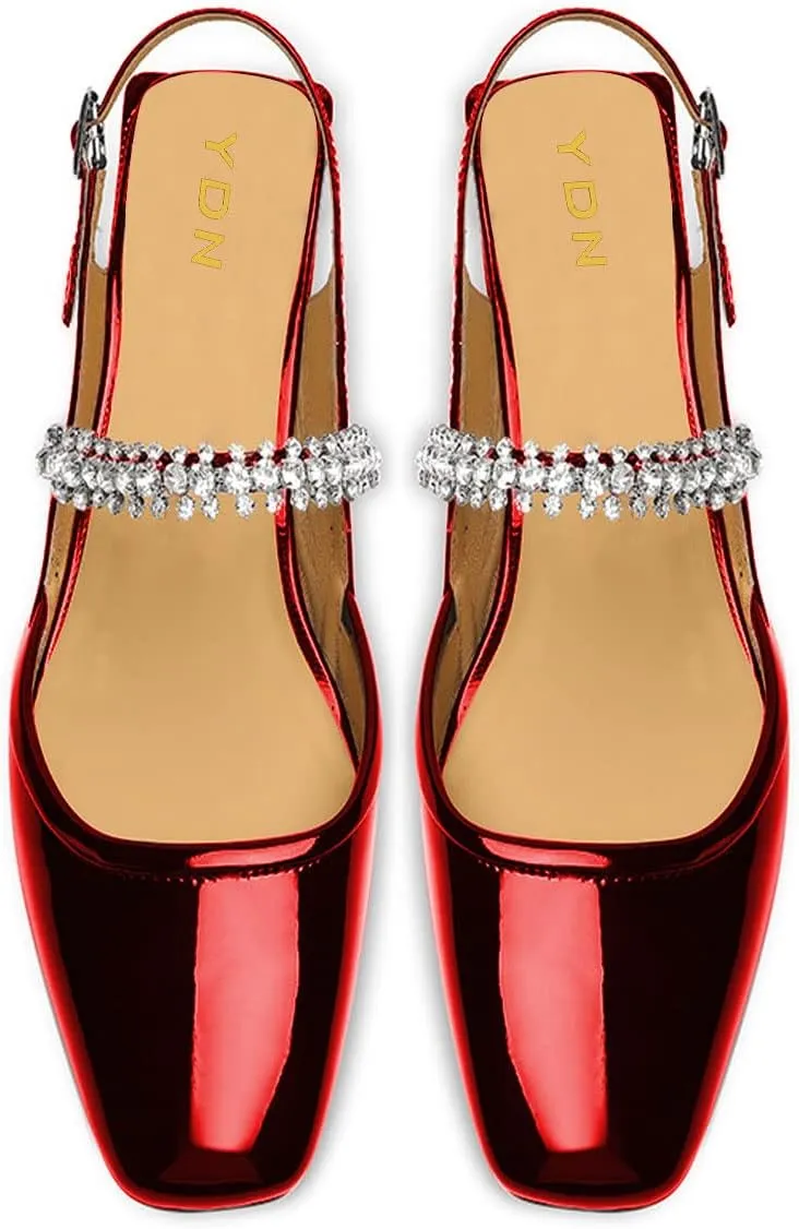 YDN Women Square Toe Rhinestone Sandals Block Low Heel Slingbacks Heeled Mary Janes Dressy Fashion Shoes Size 4-15 US