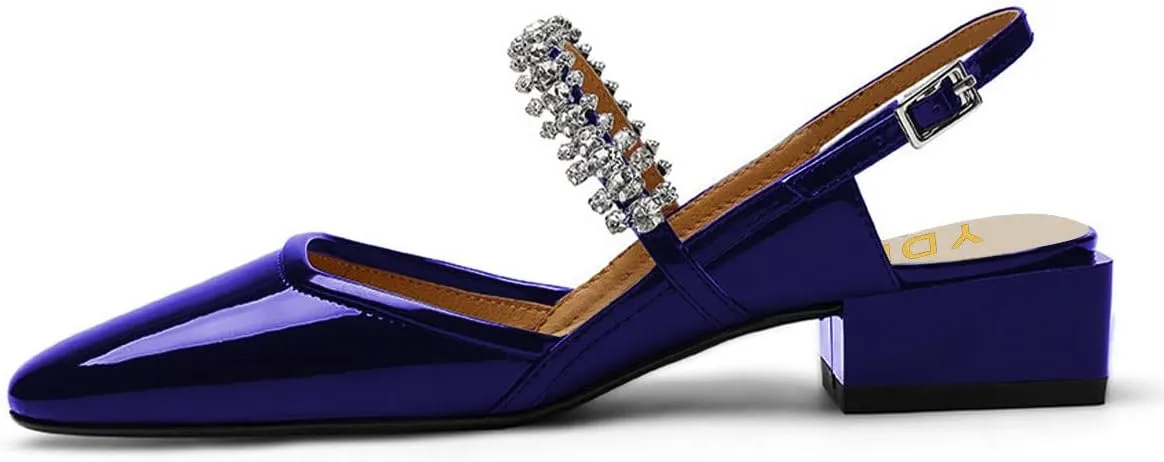 YDN Women Square Toe Rhinestone Sandals Block Low Heel Slingbacks Heeled Mary Janes Dressy Fashion Shoes Size 4-15 US
