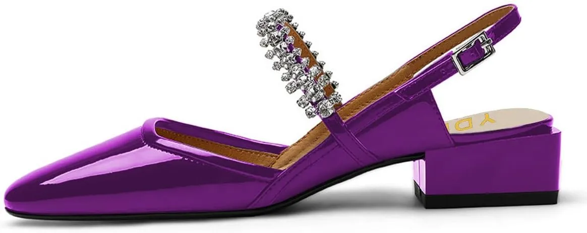 YDN Women Square Toe Rhinestone Sandals Block Low Heel Slingbacks Heeled Mary Janes Dressy Fashion Shoes Size 4-15 US