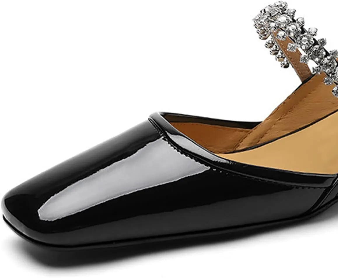 YDN Women Square Toe Rhinestone Sandals Block Low Heel Slingbacks Heeled Mary Janes Dressy Fashion Shoes Size 4-15 US