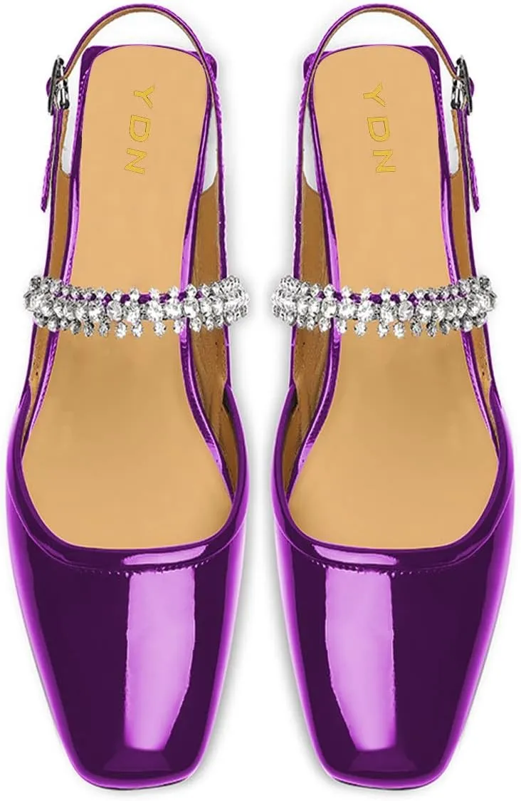 YDN Women Square Toe Rhinestone Sandals Block Low Heel Slingbacks Heeled Mary Janes Dressy Fashion Shoes Size 4-15 US