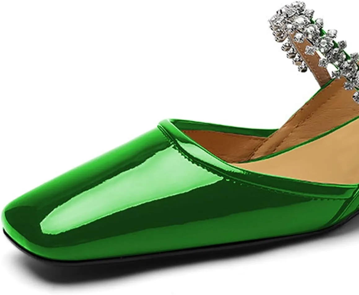 YDN Women Square Toe Rhinestone Sandals Block Low Heel Slingbacks Heeled Mary Janes Dressy Fashion Shoes Size 4-15 US