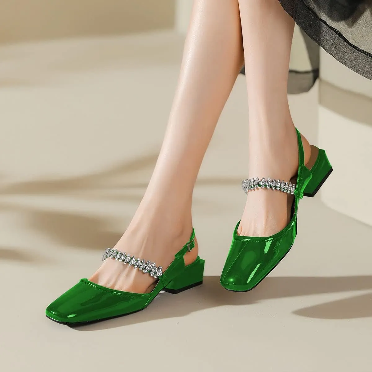 YDN Women Square Toe Rhinestone Sandals Block Low Heel Slingbacks Heeled Mary Janes Dressy Fashion Shoes Size 4-15 US