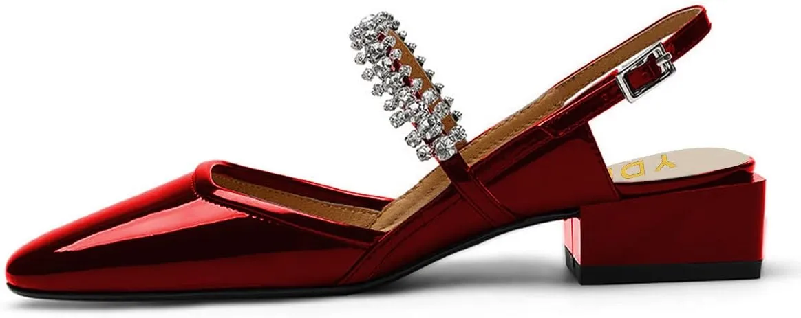 YDN Women Square Toe Rhinestone Sandals Block Low Heel Slingbacks Heeled Mary Janes Dressy Fashion Shoes Size 4-15 US