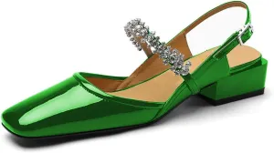 YDN Women Square Toe Rhinestone Sandals Block Low Heel Slingbacks Heeled Mary Janes Dressy Fashion Shoes Size 4-15 US