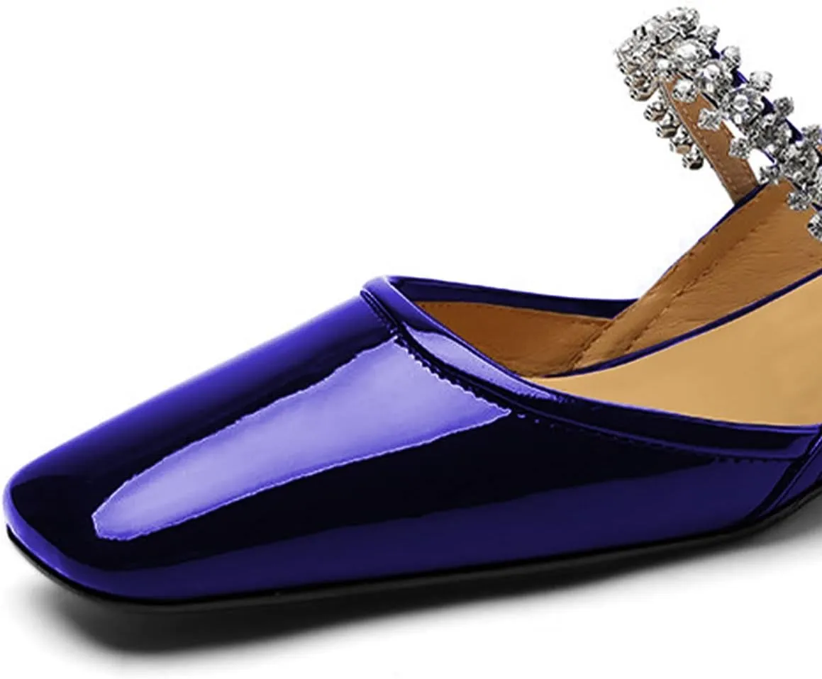 YDN Women Square Toe Rhinestone Sandals Block Low Heel Slingbacks Heeled Mary Janes Dressy Fashion Shoes Size 4-15 US