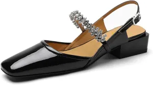 YDN Women Square Toe Rhinestone Sandals Block Low Heel Slingbacks Heeled Mary Janes Dressy Fashion Shoes Size 4-15 US